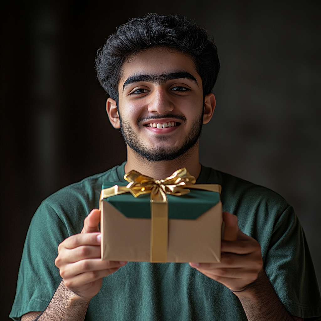 Happy young Arab man raising mystery gift