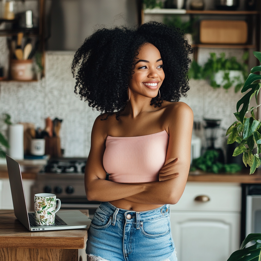 Happy young black woman with laptop and coffee mug.