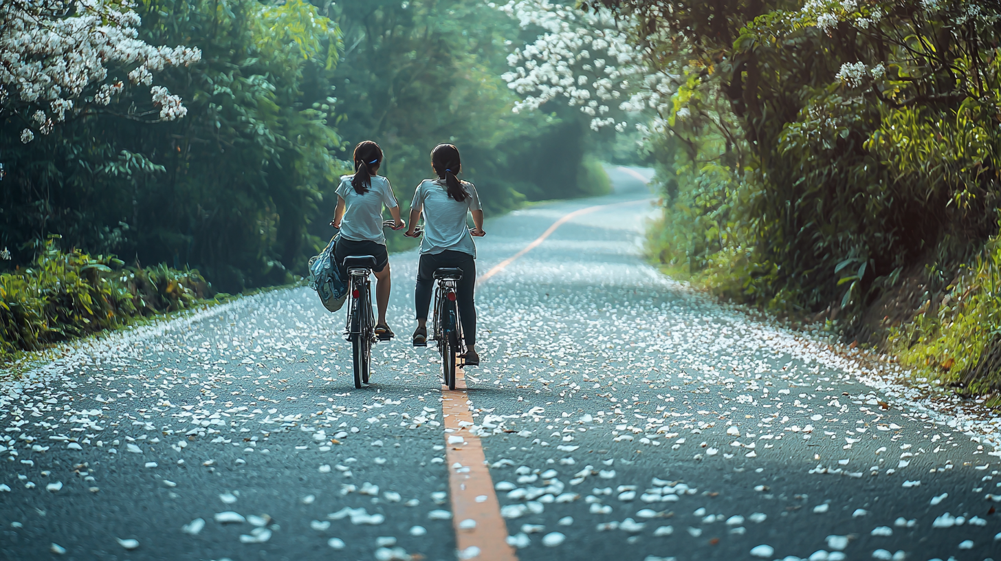 Happy young couple biking through lush forest with white flowers.