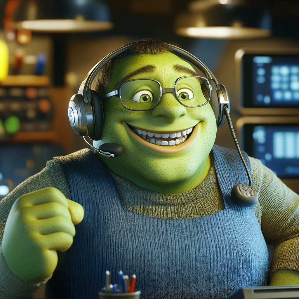 Happy young green orc working call center 3D render