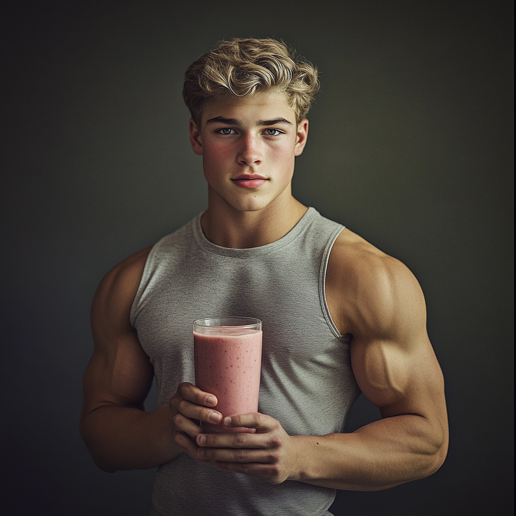 Happy young person with smoothie in kitchen