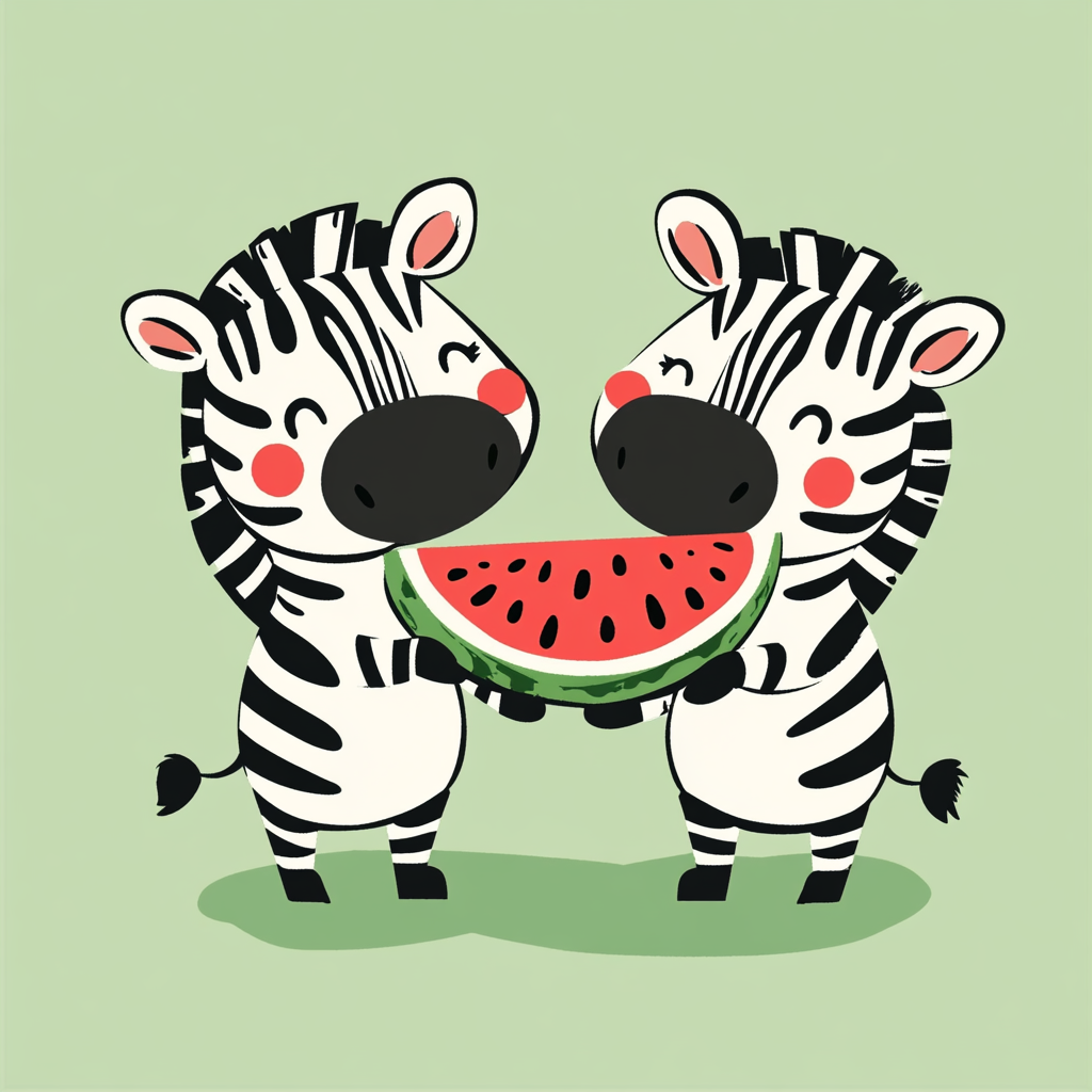 Happy zebra holding watermelon, cartoon style, cute design.