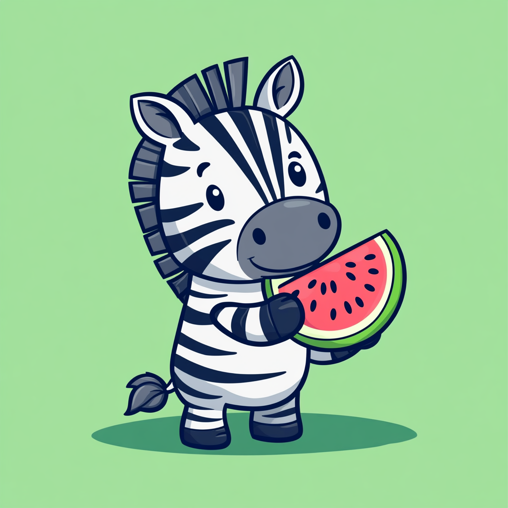 Happy zebra holding watermelon in cartoon style illustration.