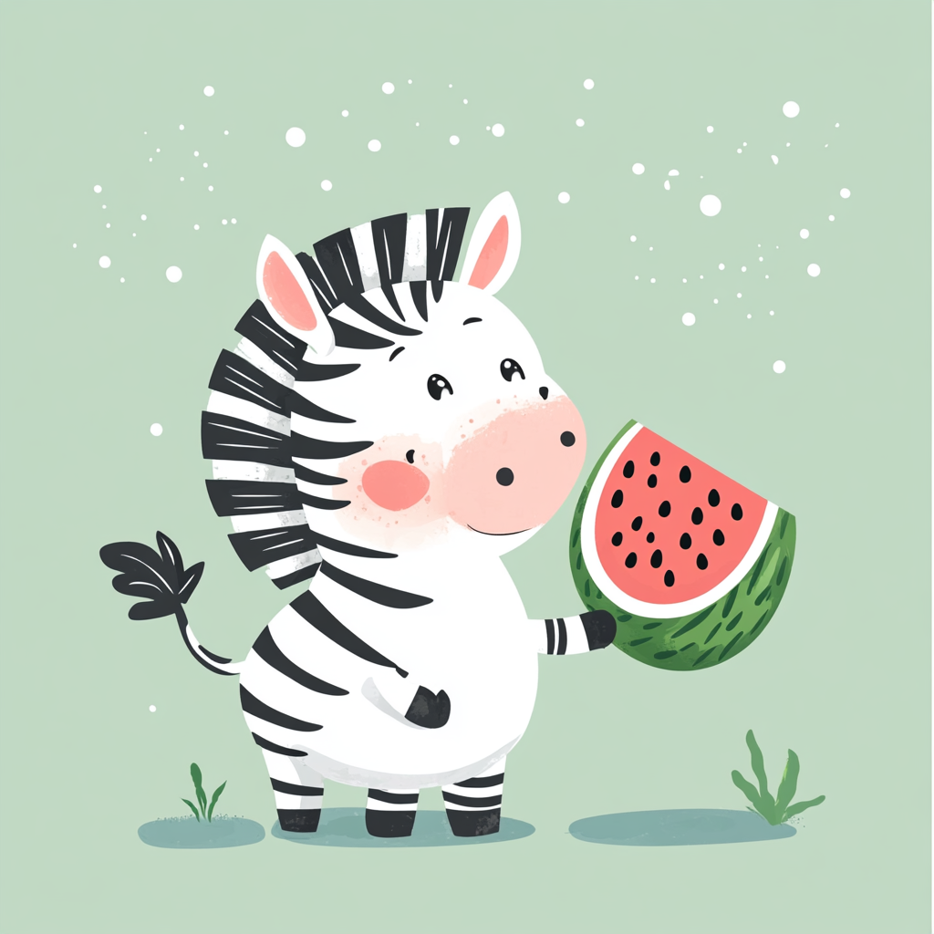 Happy zebra with watermelon on green background - vector illustration.