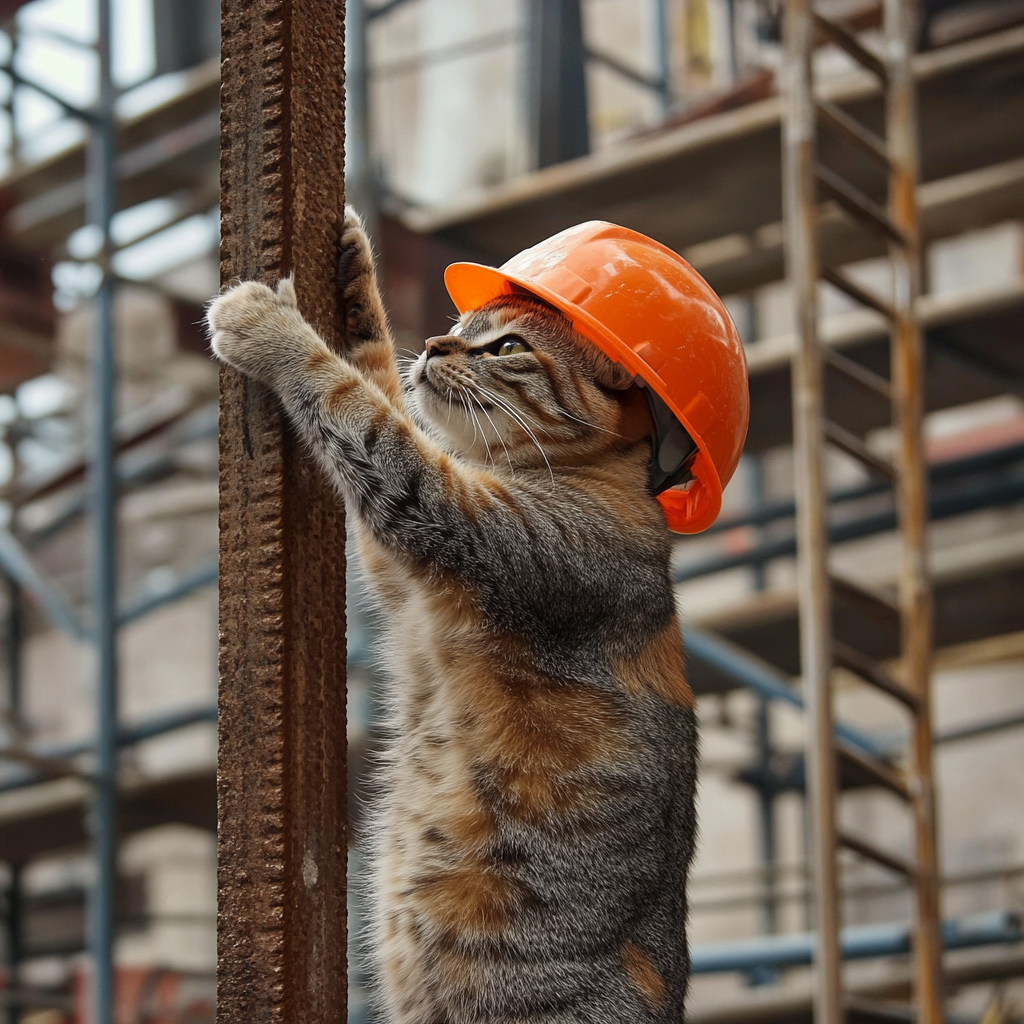 Hardworking cat on construction site with safety helmet