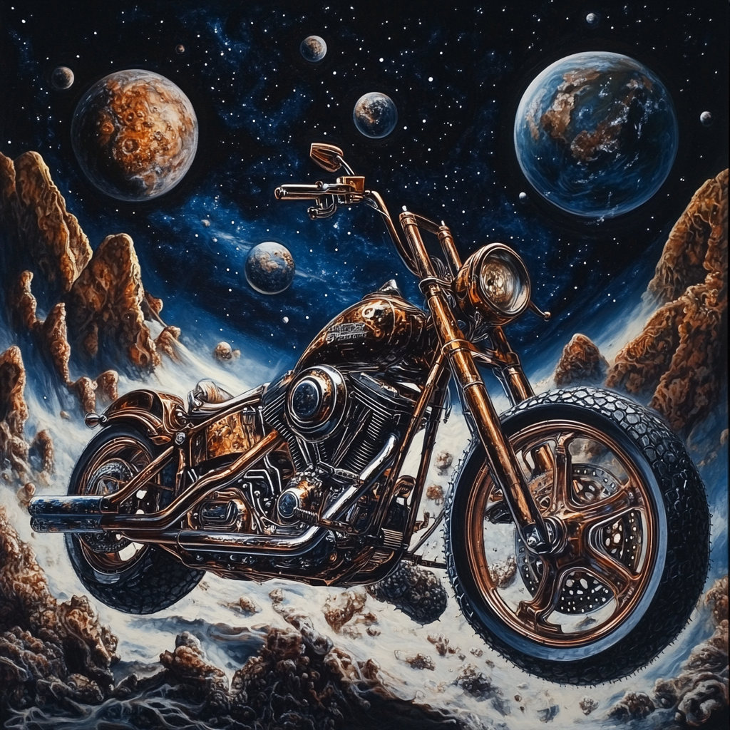 Harley Davidson Chopper in Space with Meteors