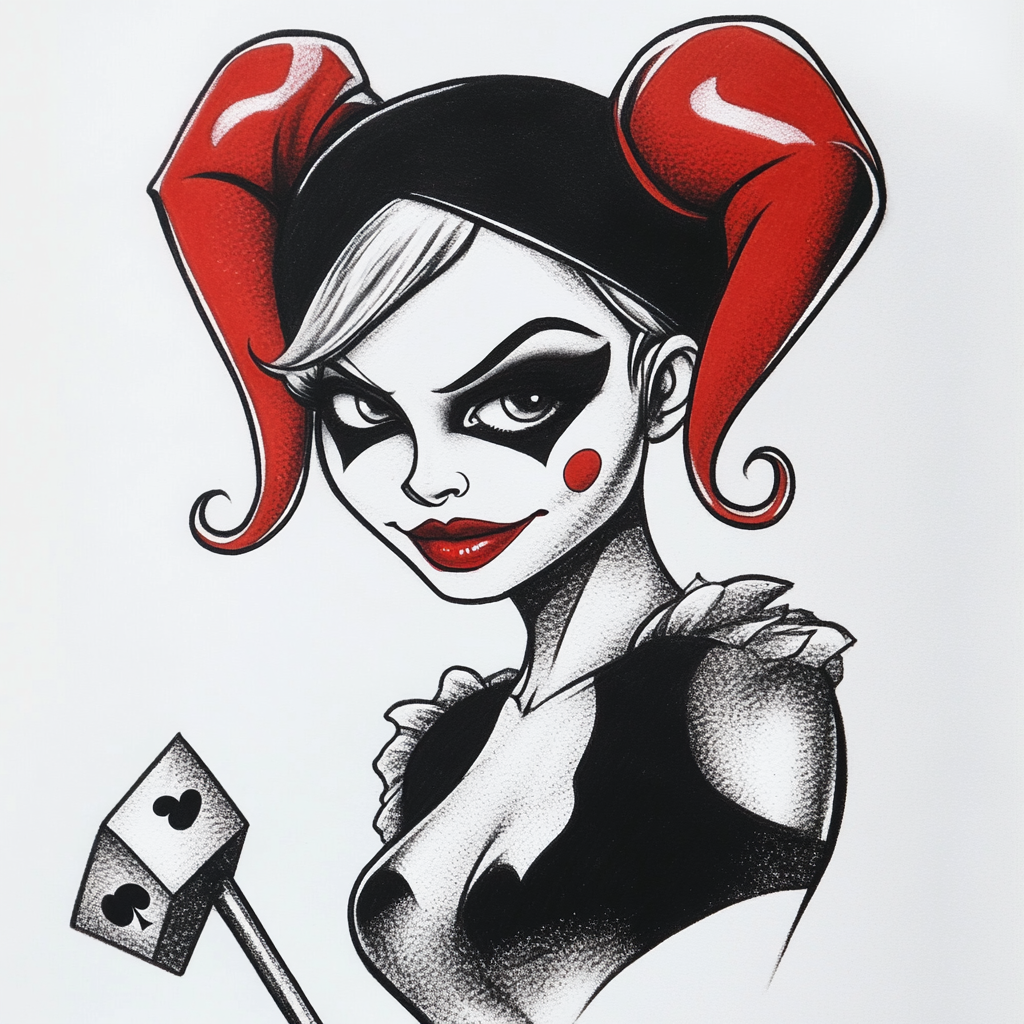 Harley Quinn tattoo design in black and grey.