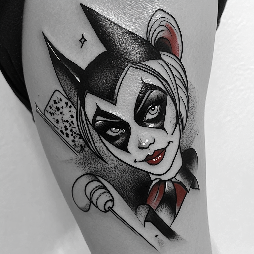 Harley Quinn tattoo design with playful expression and detailed shading.