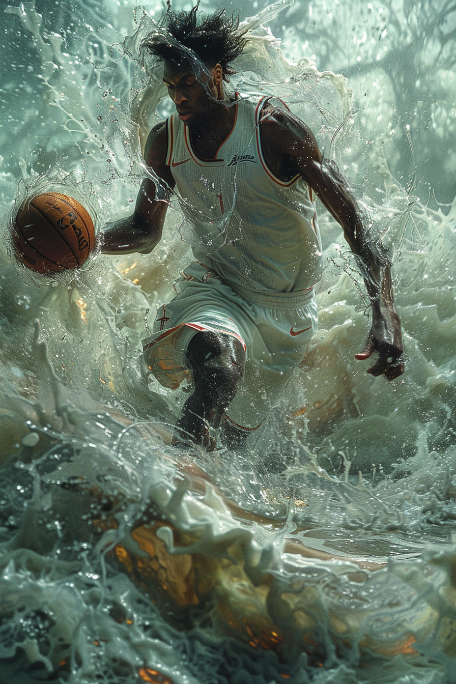 Harmonious Basketball Player Surrounded by Water and Wind