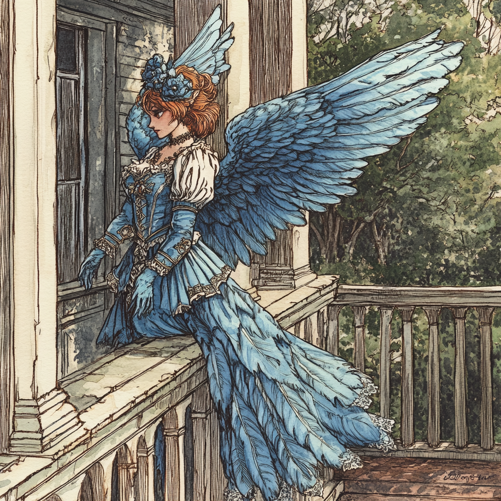 Harpy Girl Watercolor Drawing Southern Belle Plantation Porch