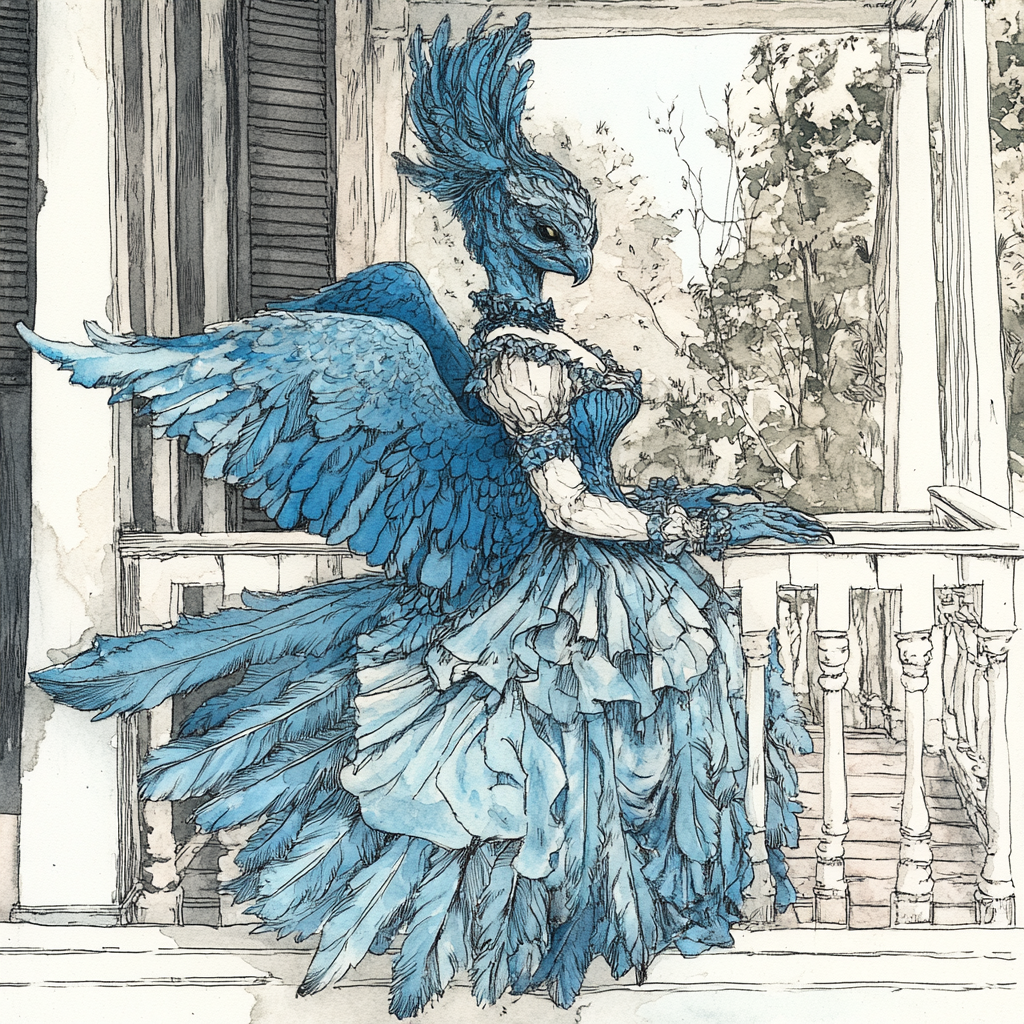 Harpy Girl Watercolor Drawing Southern Belle Porch Plantation