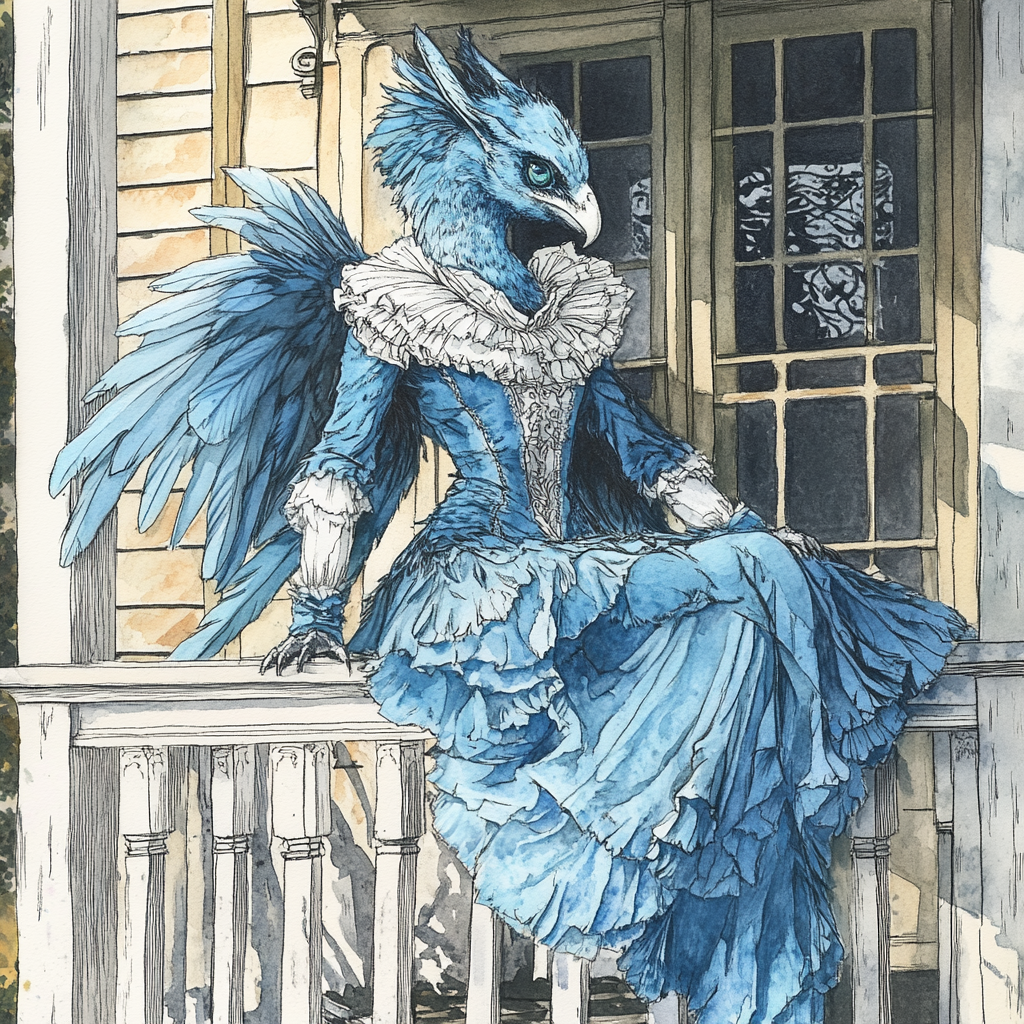 Harpy girl in Southern belle attire on plantation porch