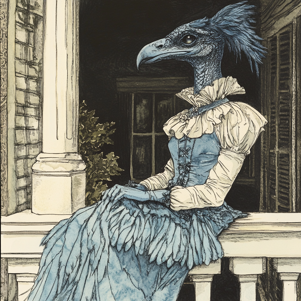 Harpy girl watercolor drawing: Southern belle on plantation porch.