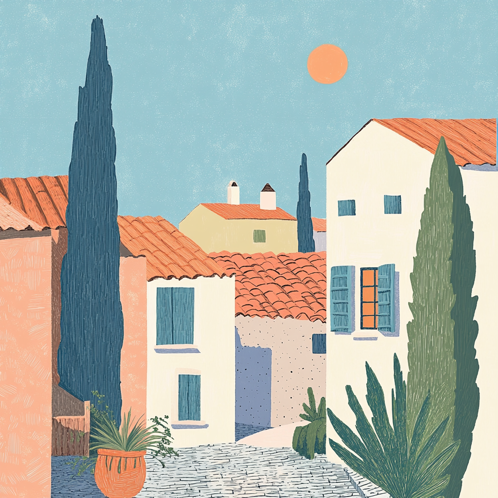 Harriet Lee-Merrion risograph print of Provencal village.