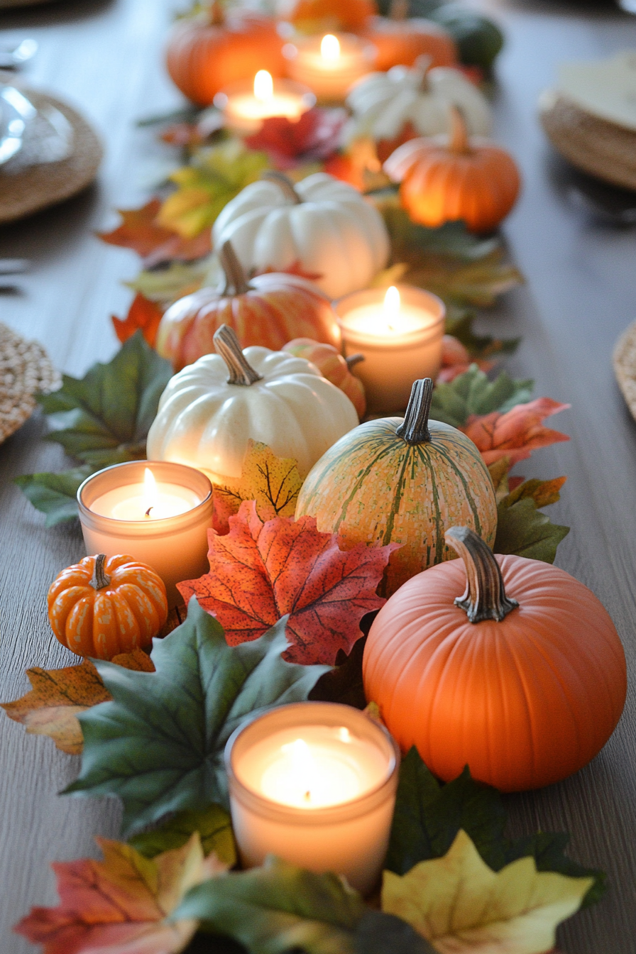 Harvest-themed table centerpiece with mini pumpkins and candles 