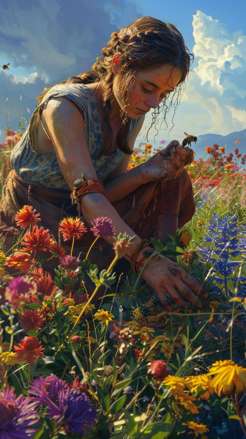 Harvesting woman kneeling in vibrant flower field under hot sun.