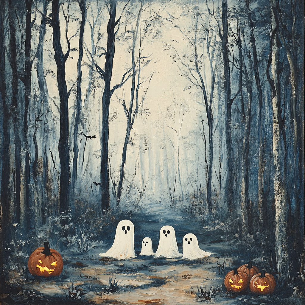 Haunted Forest Oil Painting with Cute Ghost Family