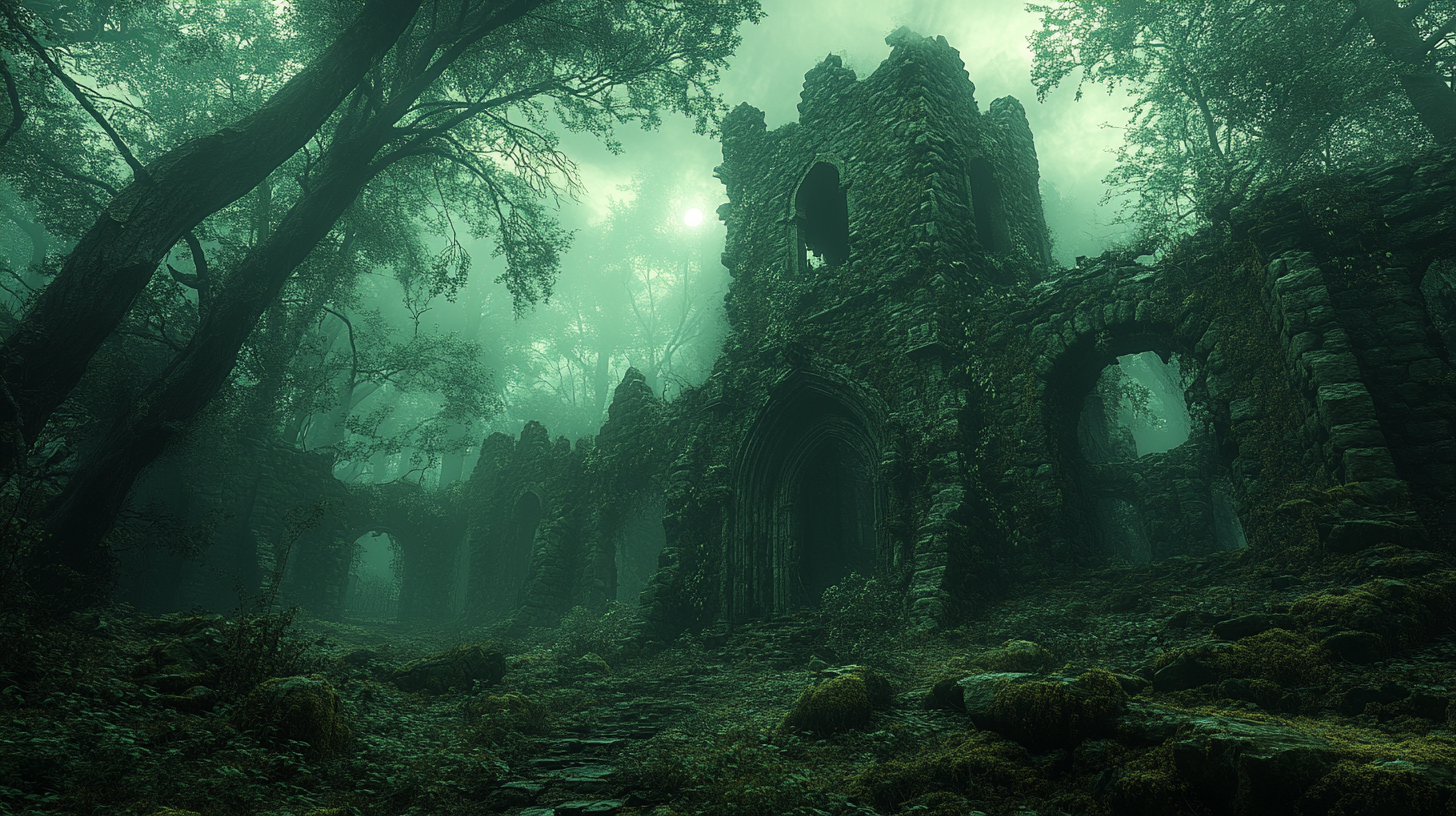 Haunted Forest with Ruined Stone Structure and Ghostly Figures