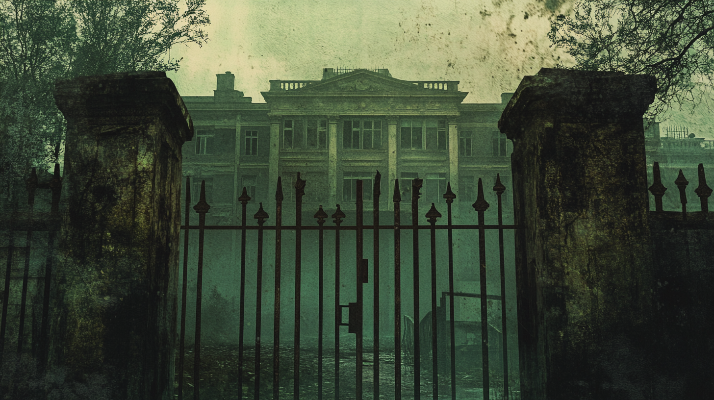 Haunted Hospital Gate in Misty Green Scene