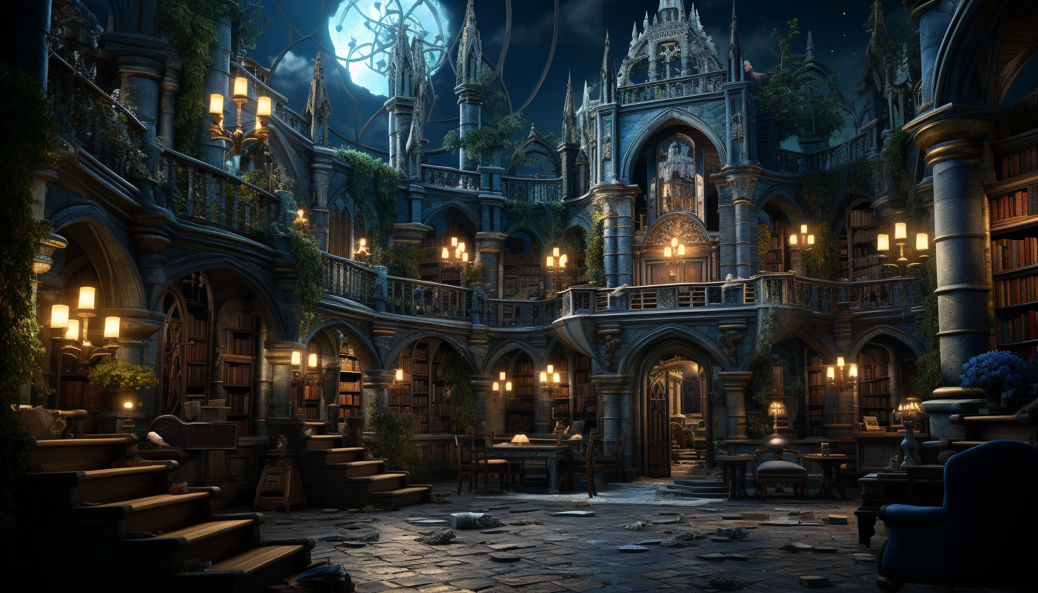 Haunted castle, library with lots of books, beauty.