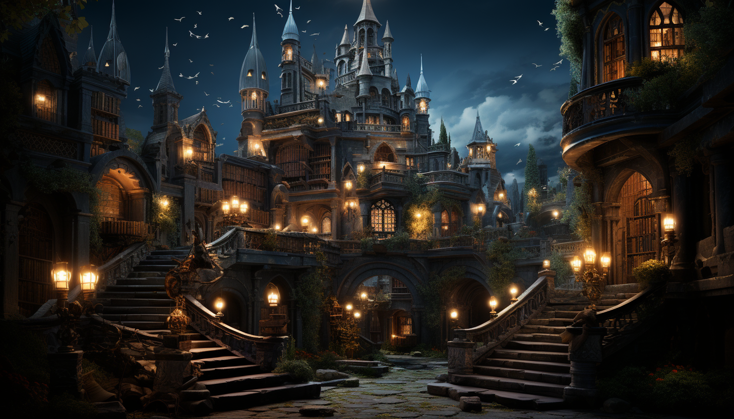 Haunted castle library at night, magical setting, realistic style.