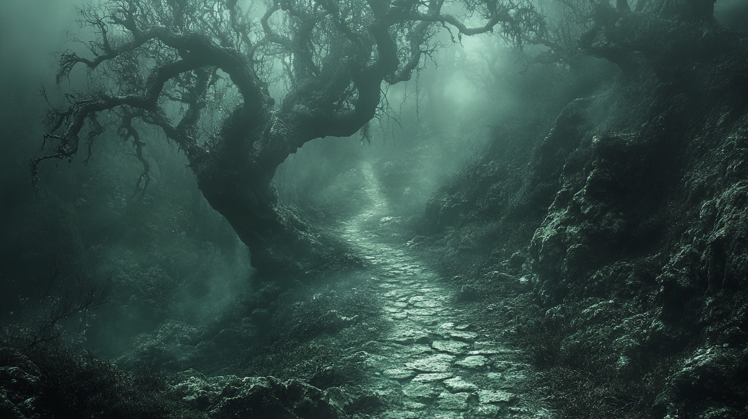 Haunted forest with winding pathway and eerie atmosphere.