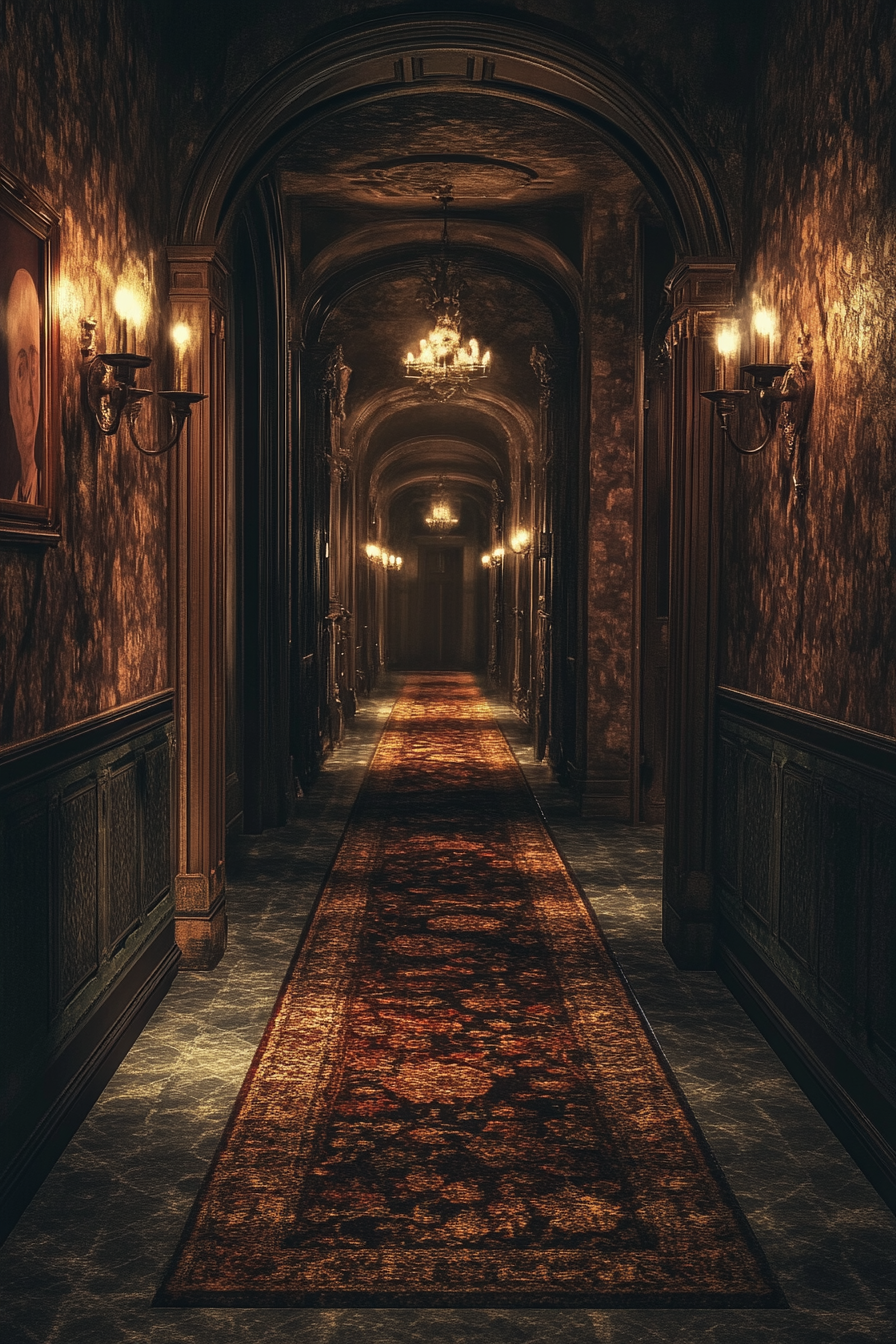 Haunted hallway with dim lighting, eerie portraits, Gothic arches.