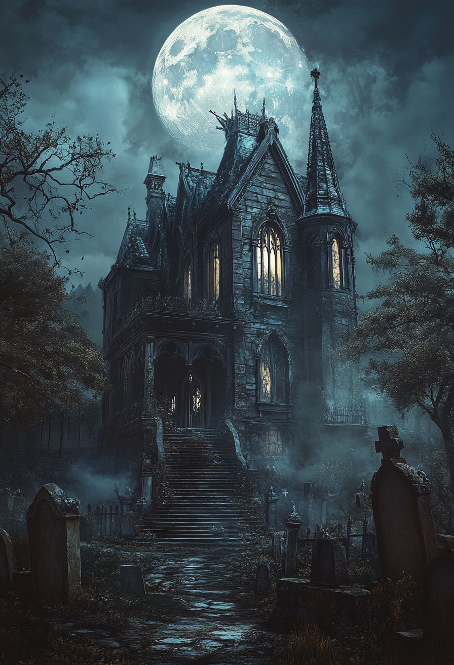 Haunted mansion with moonlit stairs, eerie trees, cemetery.