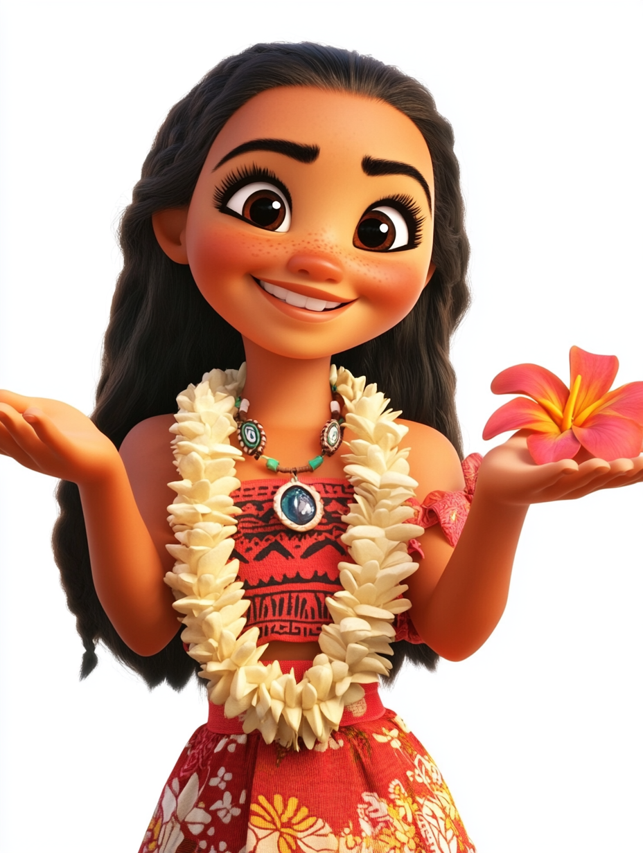 Hawaiian woman gives lei in 3D Pixar style