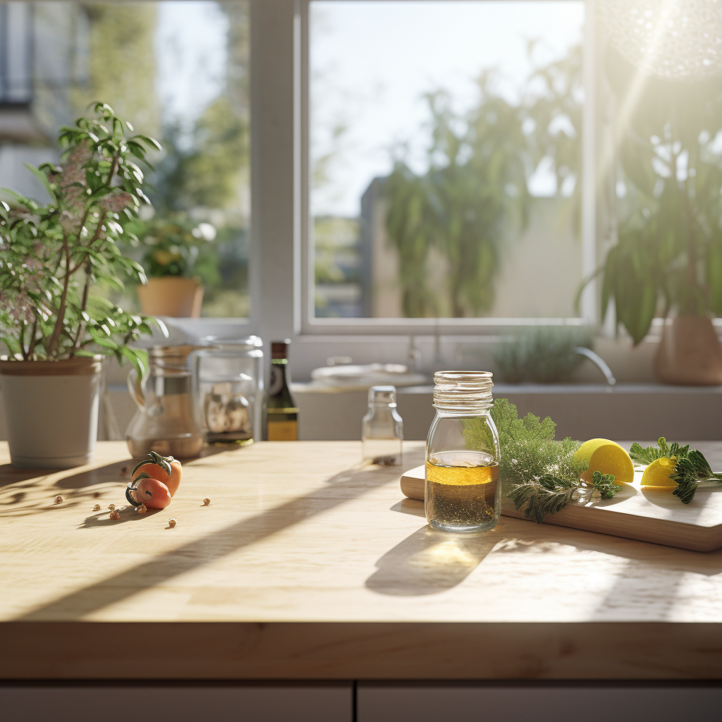 Healthy Kitchen with Fruits and Tea in Sunlight