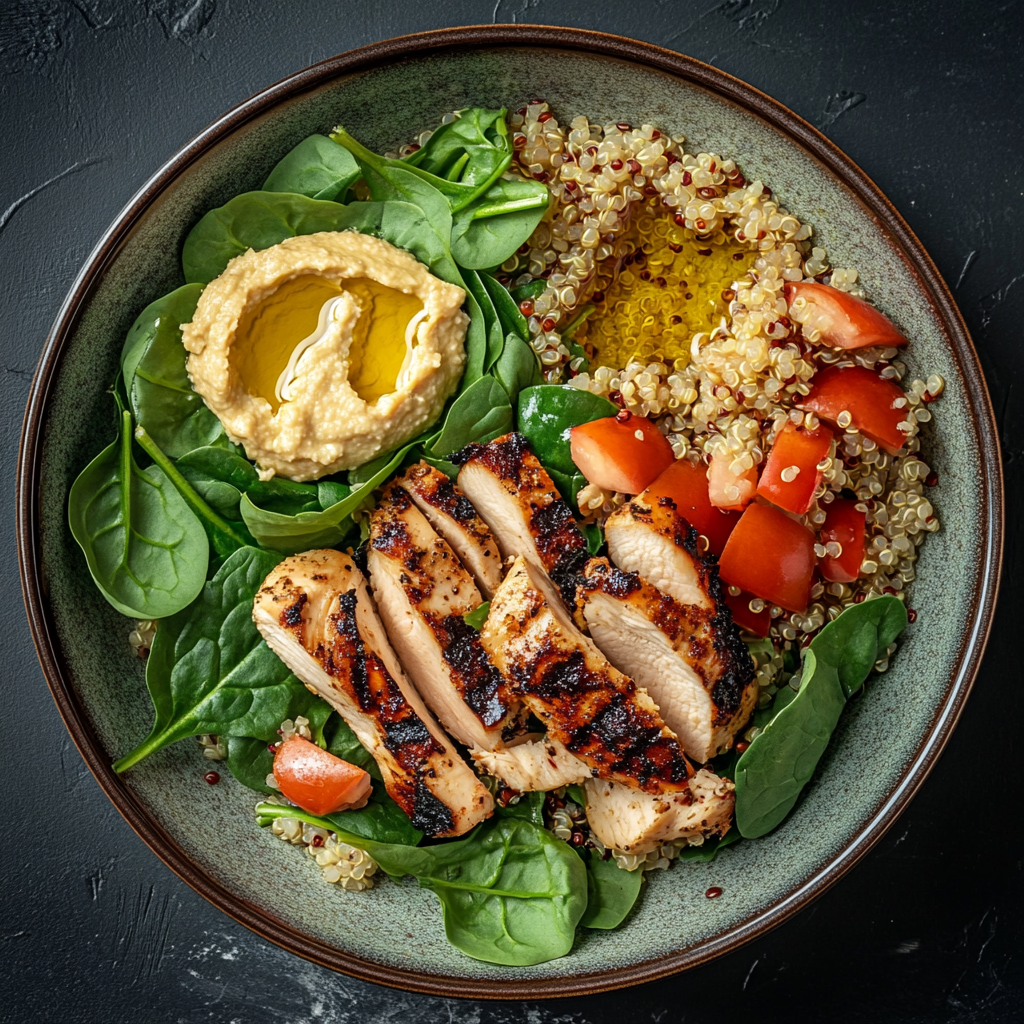 Healthy quinoa salad with grilled chicken on ceramic plate.