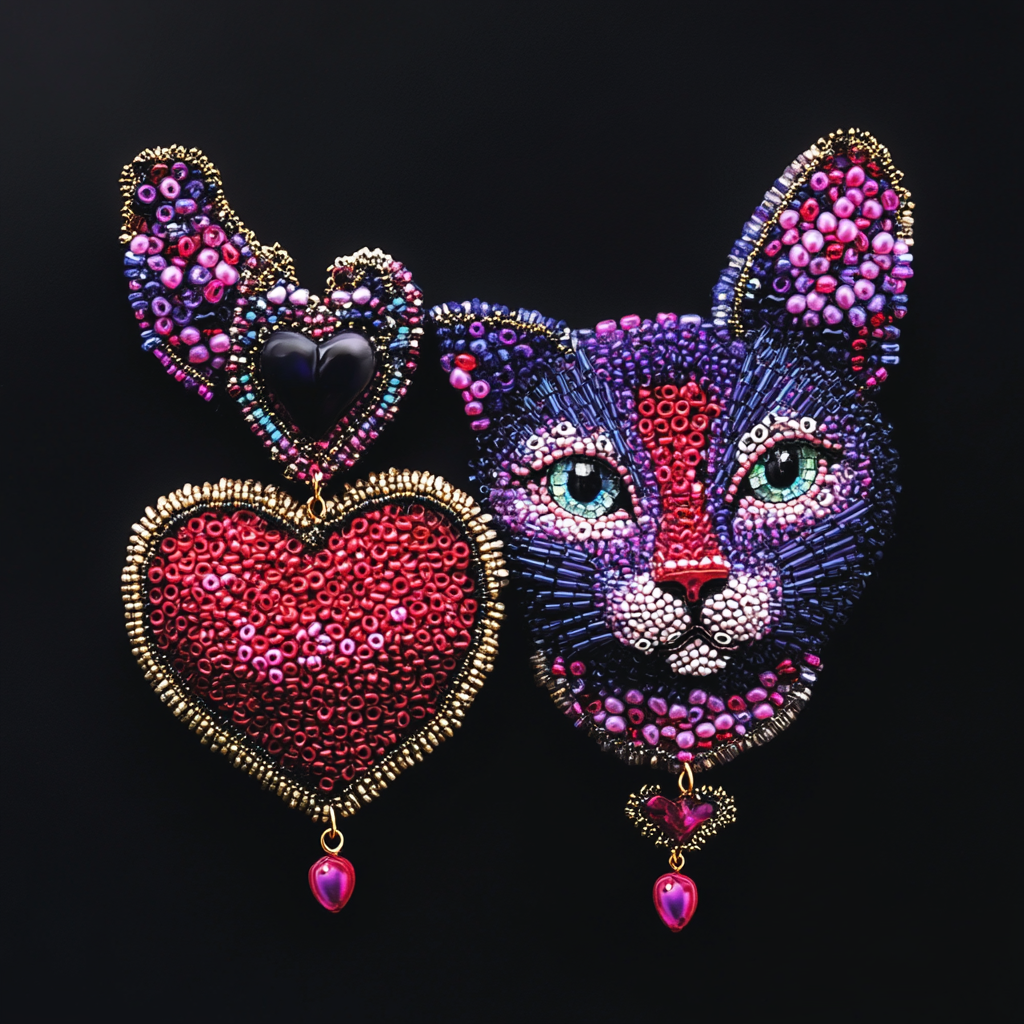 Heart and cat earrings in Dadaism style, colorful beads.