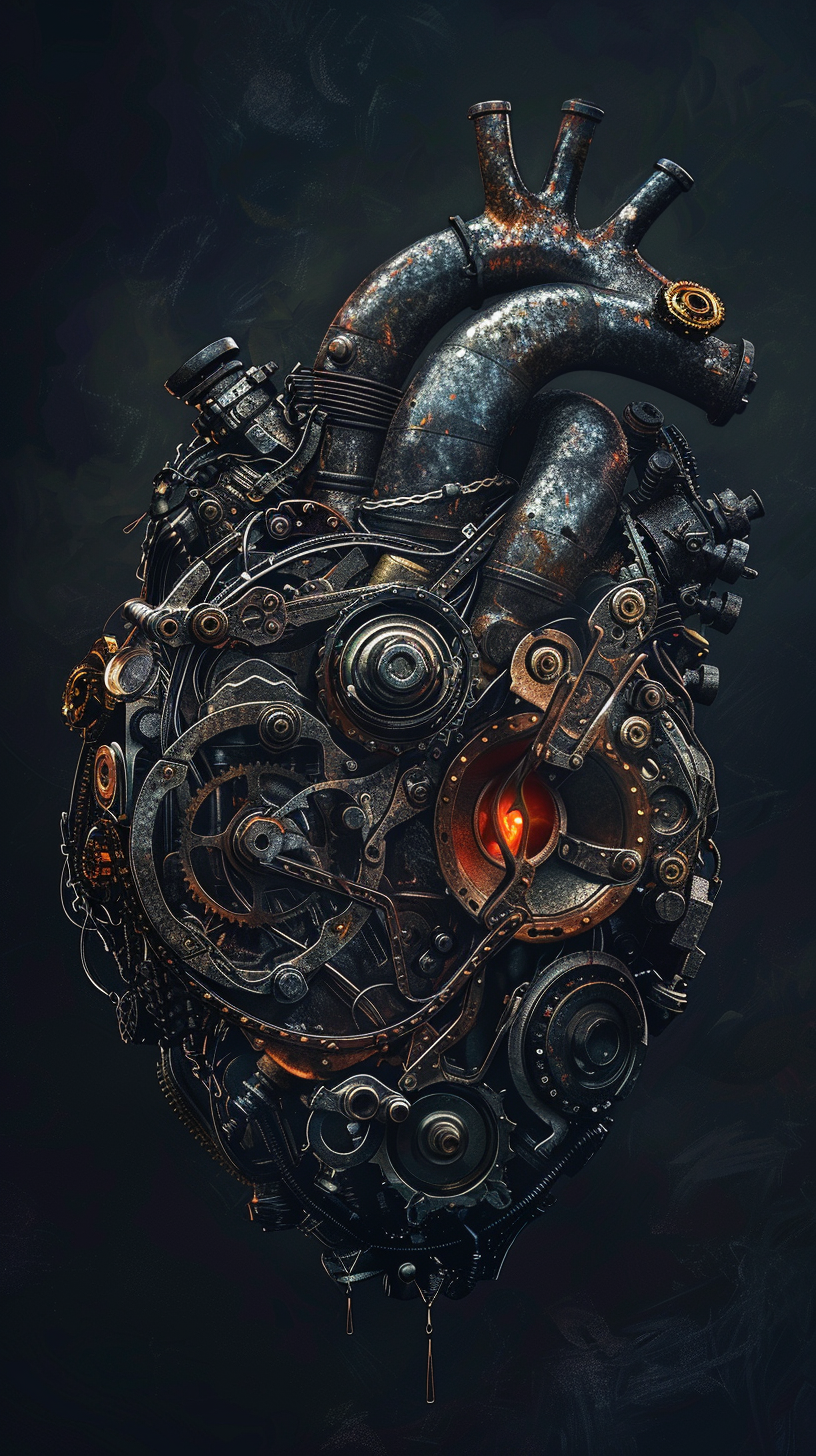 Heart made of motorcycle parts, detailed, realistic, steampunk style.