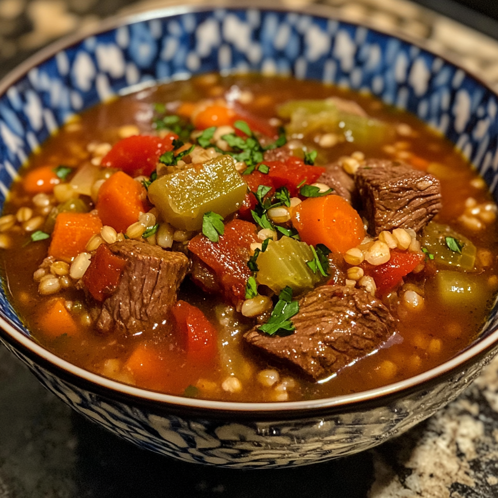 Hearty Bowl of Beef Barley Soup with Vegetables