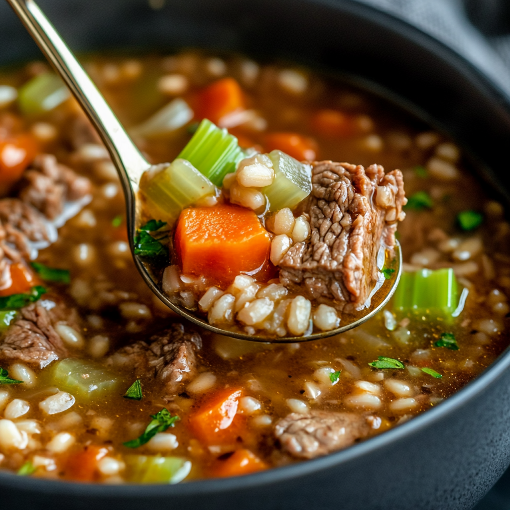 Hearty beef barley soup with vegetables and barley