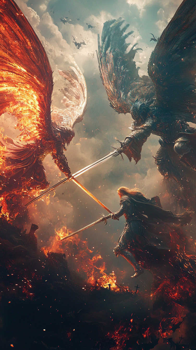 Heavenly battle between angels and demons, ultra detailed photorealism.