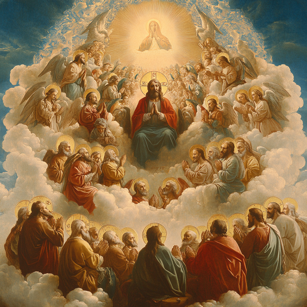 Heavenly saints praying to God and Jesus.