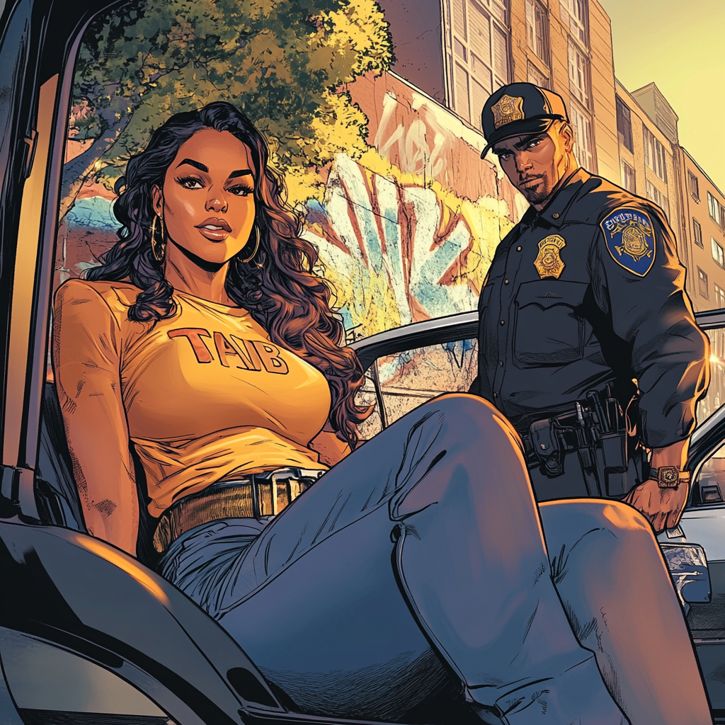 Heavy latina woman in police car, officer looks down.