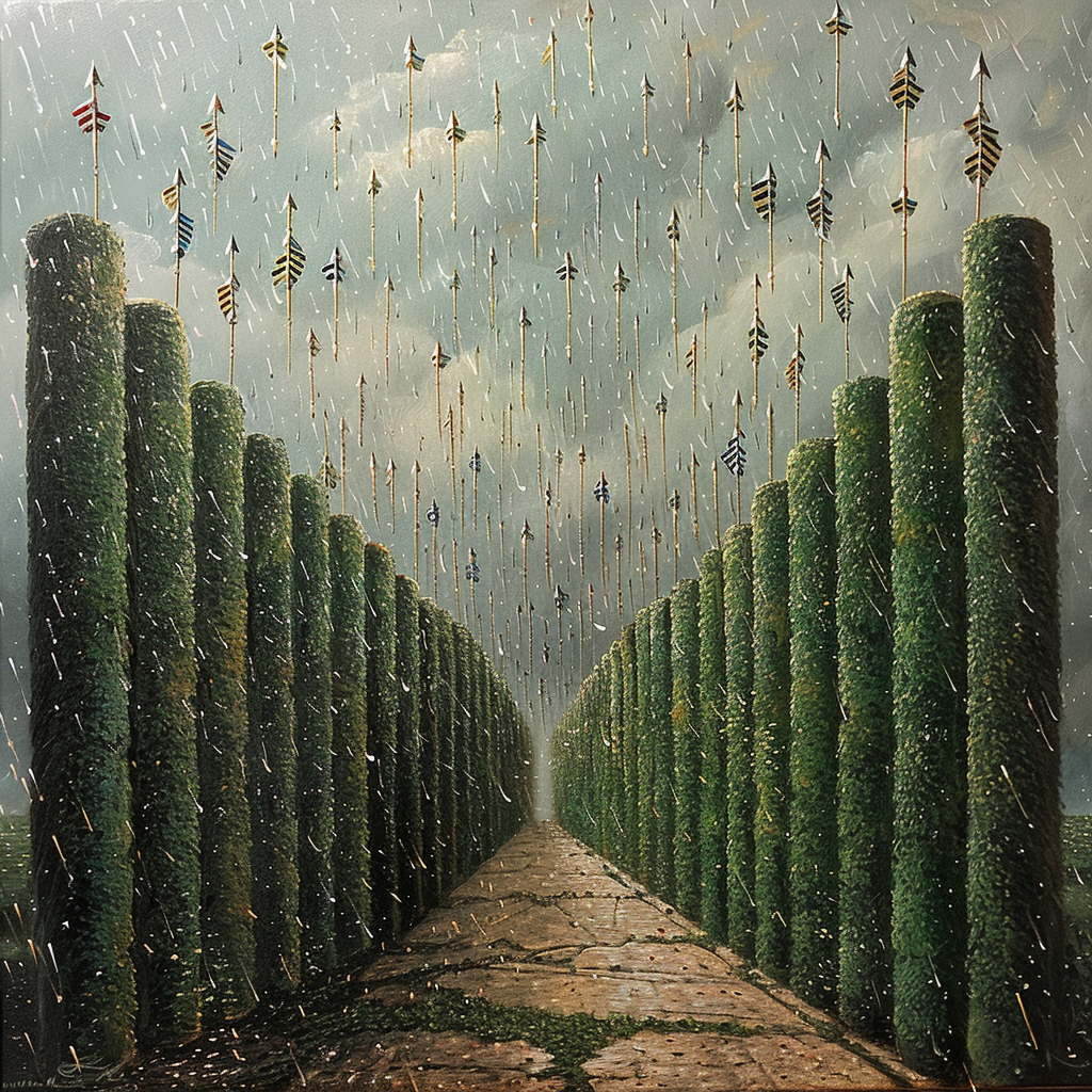 Hedge tunnel, arrows raining, fantasy art oil painting.