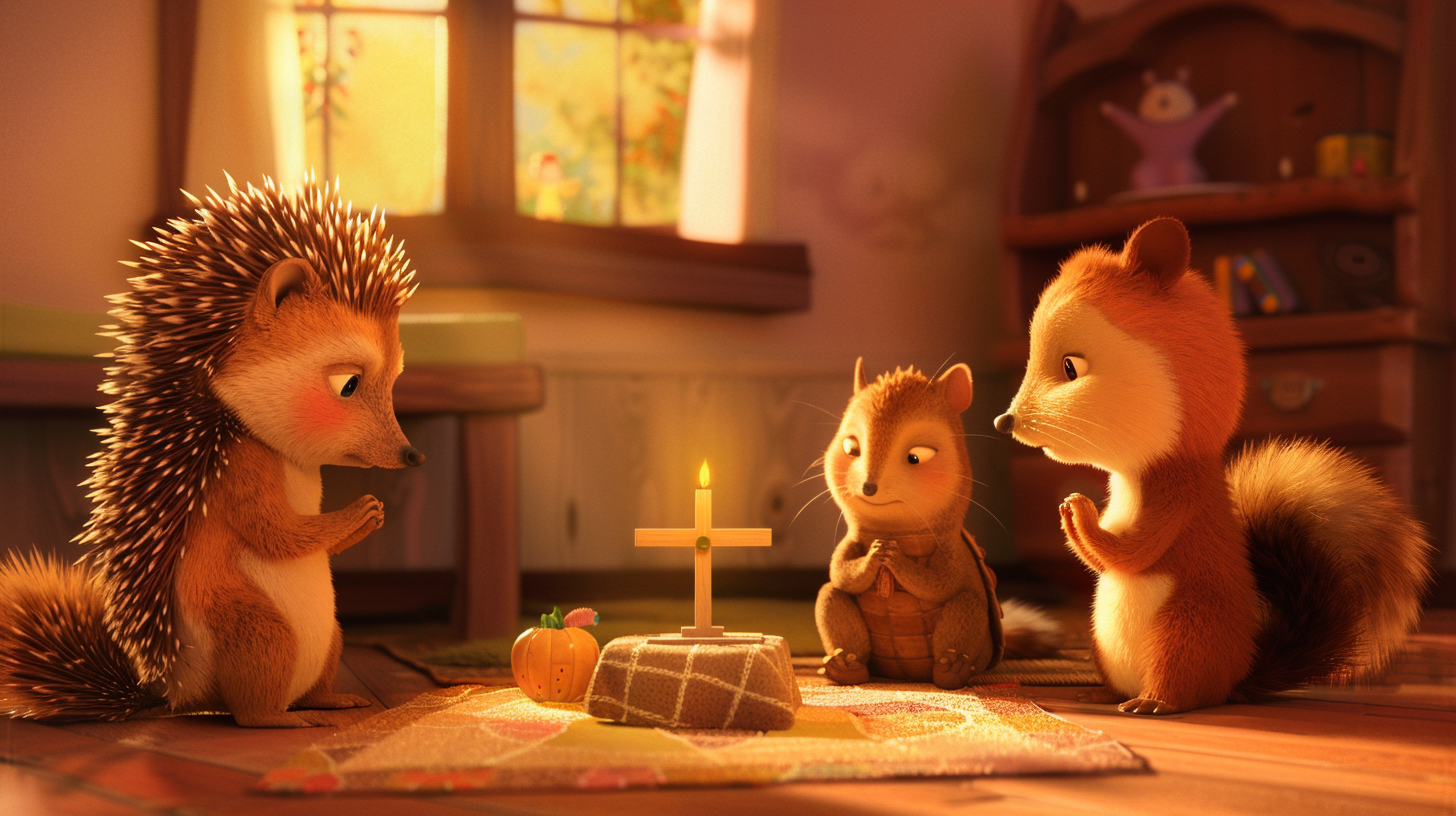 Hedgehog, turtle, squirrel pray to Jesus