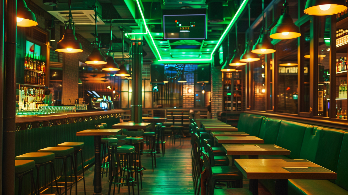 Heineken-style bar with green lights, tables, chairs. Cell phones connected to power outlets above.