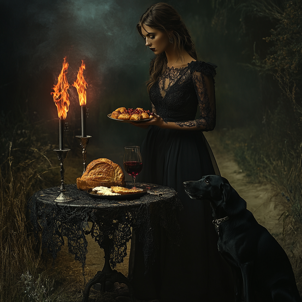 Hekate Goddess poses with garlic bread on table.