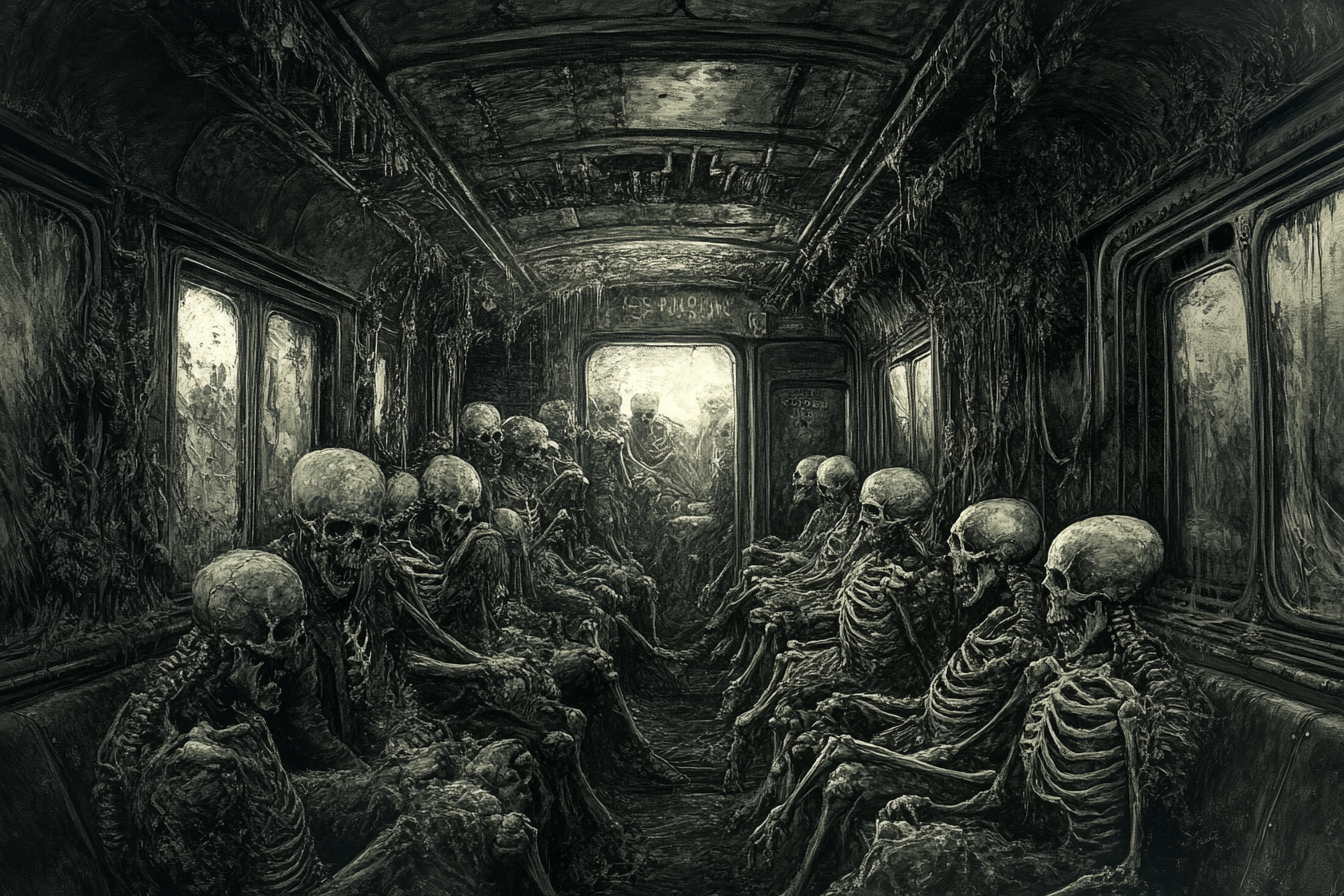 Hellish subway with undead skeletons in cramped wagon.