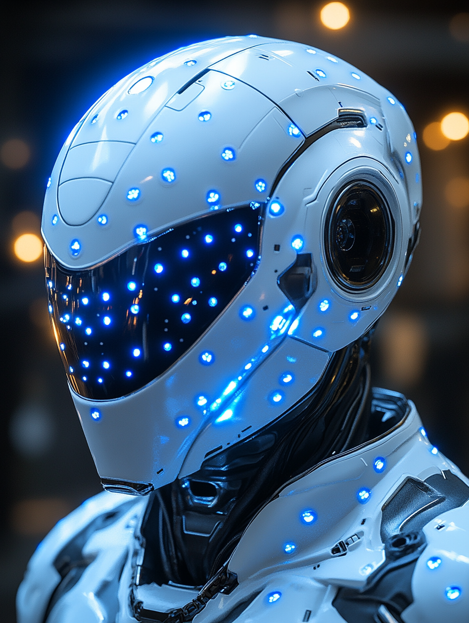 Helmet with blue LED lights on reflective metallic surface.