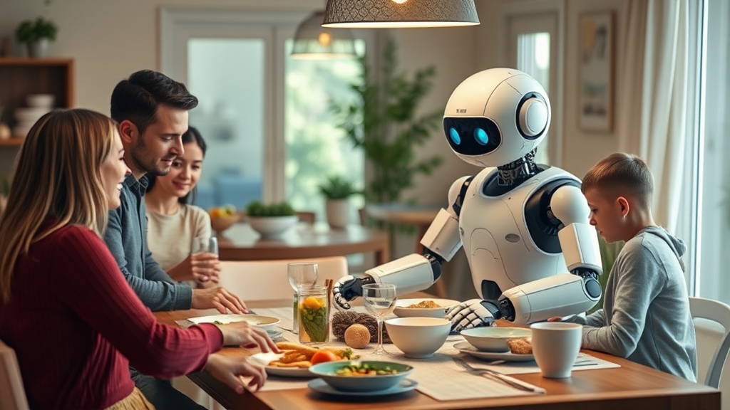 Helpful robot sets dinner table for family.