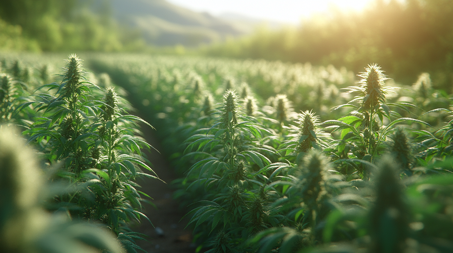 Hemp plants in desert field under bright sunlight.