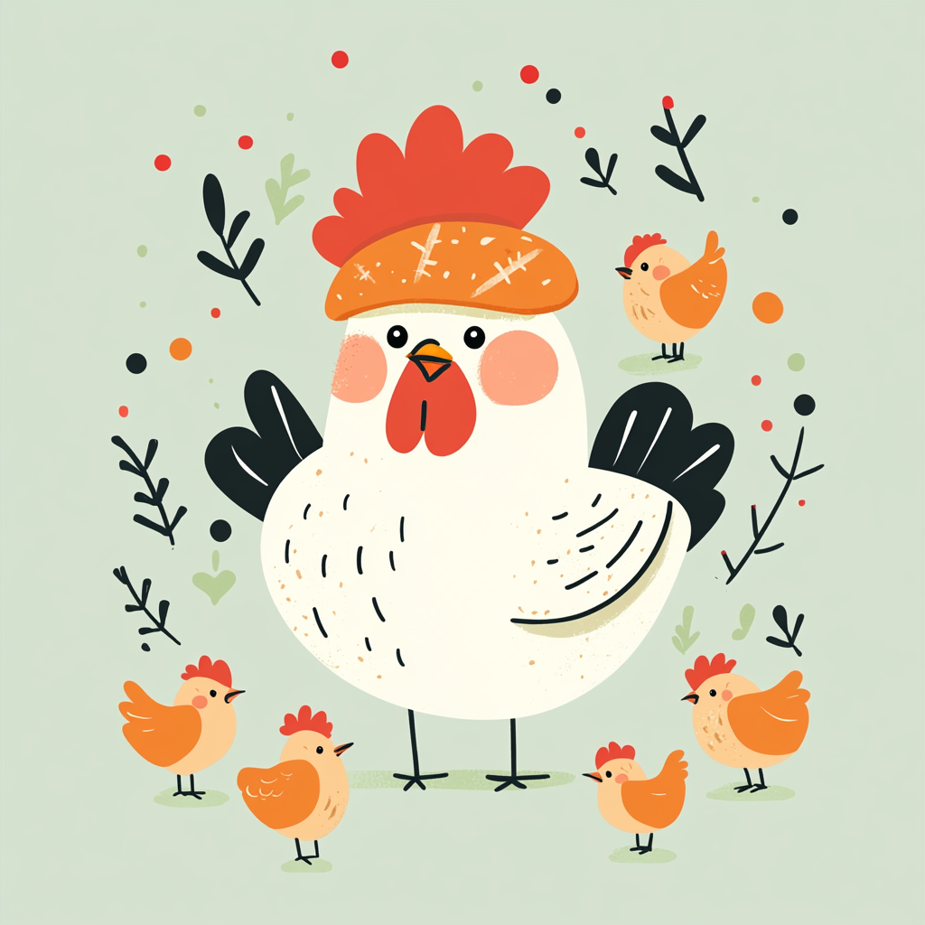 Hen wearing bread hat, chicks around, cute cartoon design.