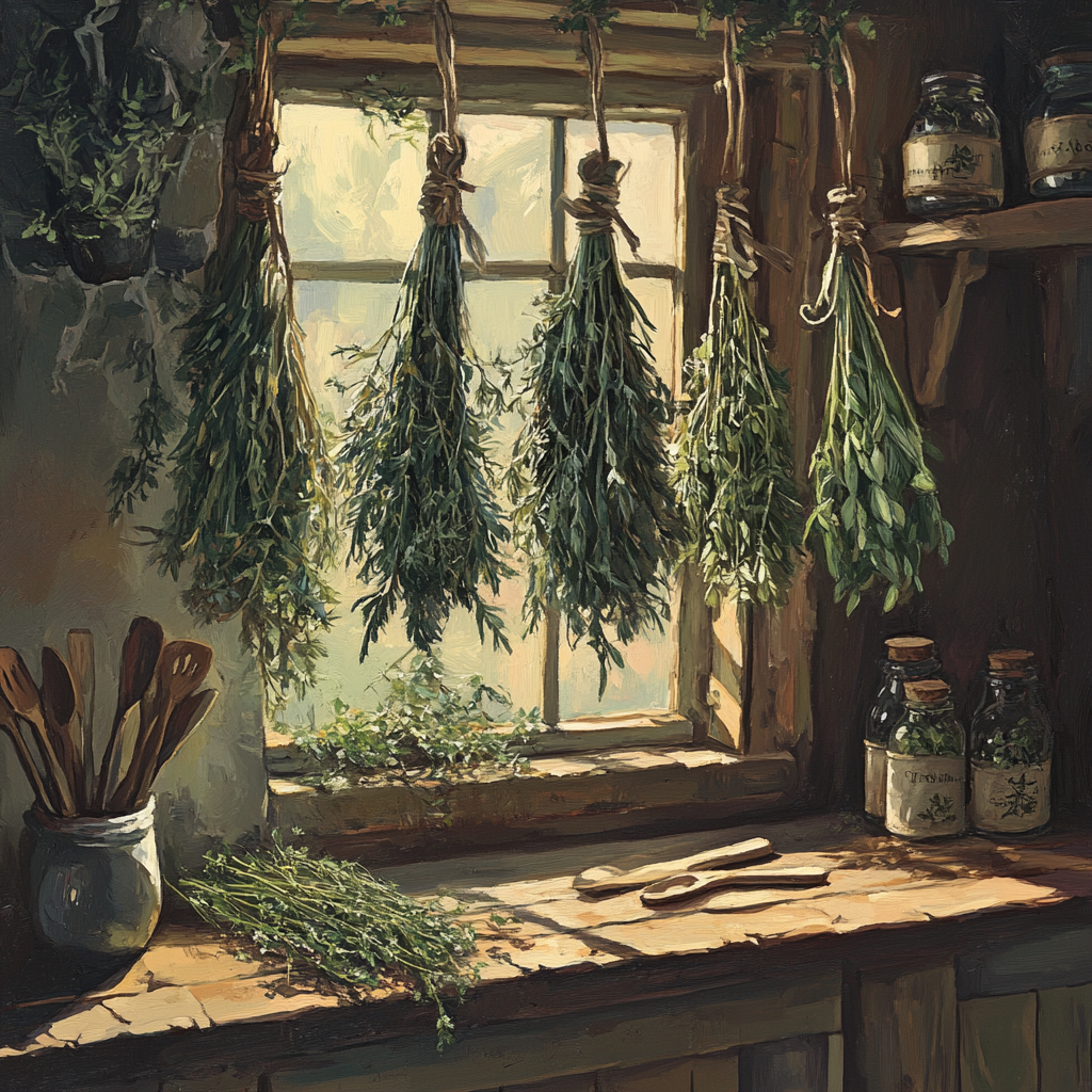 Herb Bundles Drying in a Rustic Kitchen