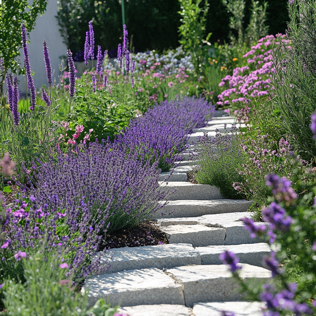 Herb garden in sea of lavender plants, rosemary, basil.