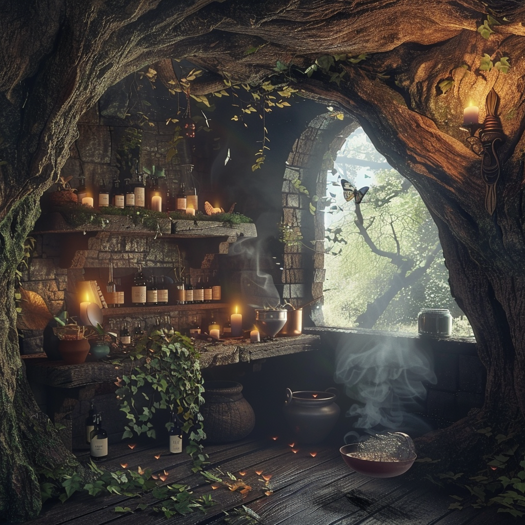 Herbal apothecary hidden in tree with candles, cauldron.